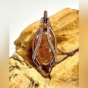 HAND CRAFTED Red Moss Agate Wire Wrapped Copper Pendant Necklace, Handmade